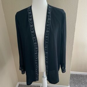 R&M Richards Sheer Black Beaded Chiffon Evening Cardigan Jacket